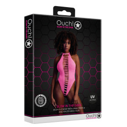Ouch! Glow Body échancré ouvert à l'entrejambe avec dos nu Rose Fluo